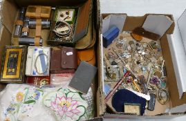 A mixed collection of items to include: shaving sets, tin boxes, embroideries, cuff links watch