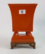 Crack Glazed Orange Oriental Vase: on embossed metal base, height 27cm