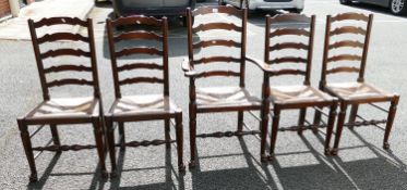 Good Quality Oak Reproduction Ladder-back Rush Seated Chairs: 4 dinning chair & 1 carver(5)