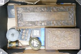 A mixed collection of items to include: Chinese Bronze Cricket box & other ethnic carved boxes