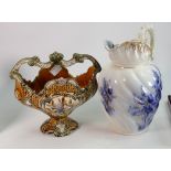 Large Blue & White Pottery Water Jug: together with continental Majolica Center Piece(2)