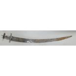 19th century large broad bladed Talwar Hilted sword: With langets & large carved disc pommel.