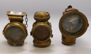 A collection of Kingsfisher / Lucas & Millar Motor Cycle Early Brass Carbide Lamps(3)
