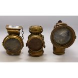 A collection of Kingsfisher / Lucas & Millar Motor Cycle Early Brass Carbide Lamps(3)