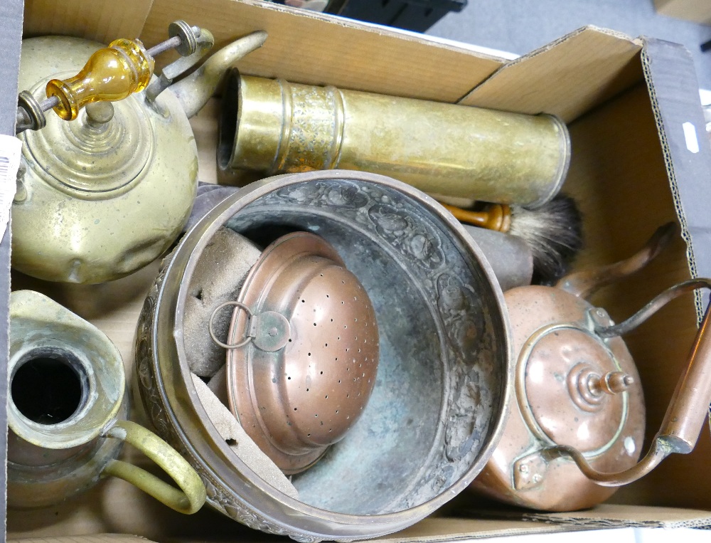 A collection of Brass & Copper Ware to include: kettles, planter, trench art, jugs etc