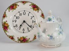 Royal Albert Inspiration Patterned Teapot: together with Old Country Rose Patterned Wall Clock(2)