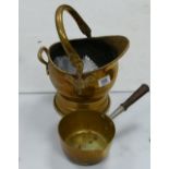 Small ornamental Brass Coal Scuttle: together with similar Sauce pan, height of tallest 34cm