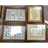 A collection of Framed items to include: Wills cigarette cards, hand colored map print & small water