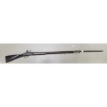 20th Century Brown Bess Flintlock Musket: ordinance stamps on lock & barrel, complete with bayonet