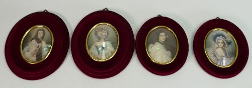 Two pairs hand painted 20th century miniatures: Early 19th century style, 3 signed Ruby, one by Arf.