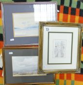 A collection of watercolour small pictures in frames 2 coastal scenes and one church scene, all