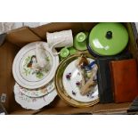 A mixed collection of items to include: Decorative wall plates, deco type dressing table set,