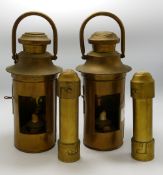 Pair early 20th century brass nautical lanterns with swing handles: ceramic burner stamped 'Barton's