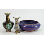Cloisonne Enamel Items to include: Squat Bowl, small temple jar & similar smaller item, height of