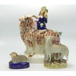 Staffordshire Figure of Girl Riding Goat(neck repaired), Girl with Sheep & Lamb: height of tallest
