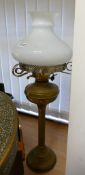 Brass Table Top Oil Lamp: with white shade, height 69cm