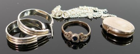 A collection of ladies silver jewellery: including ring, pendant and chain and pair earrings,