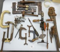 A mixed collection of wood working tools including G Cramps, Set Squares, Scribes, Monkey Wrench etc