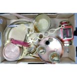 A collection of brass & copper items to include: double burner heater, pans, plaques etc