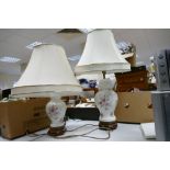 Two Large Floral decorated lamp bases: with shades(2)