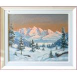 R Serson oil on canvas mountain landscape: Measuring 50cm x 60cm excl. frame.