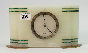 Onyx & Malachite Art Deco style Elliott mantle clock; Manual wind 29.75cm wide. Brass feet.