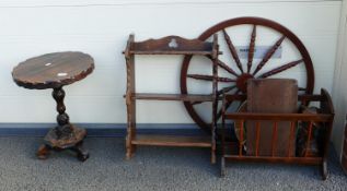 Mixed furniture to include: carved table, wall shelving, magazine rack, ornamental wheel, carved Don