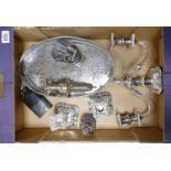 A collection of silver plated items to include: candelabra, gallery tray, candlesticks etc