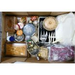 A mixed collection of items to include: Cased Cutlery, Enamelled boxes, Decotaive wooden boxes