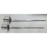 Pair of cup hilted sword Rapiers: Knuckle guard & quillions with slightly swollen terminals, one cup