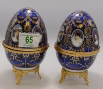 Two Large Hand Finished 6 Panel Decorative Egg Shaped Boxes On stands: height 15cm