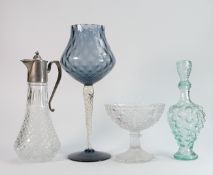 A mixed collection of items to include: silver plated claret jug, mid century glass vase, decanter