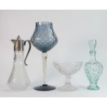 A mixed collection of items to include: silver plated claret jug, mid century glass vase, decanter