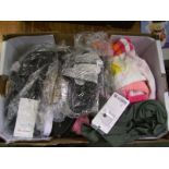 A mixed collection of items: men's Lululemon top, towel, sandals, bra etc (1 tray).