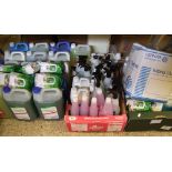 A large quantity of cleaning products: bleach, disinfectants, wipes, sprays etc.