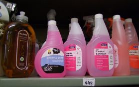 A large quantity of cleaning products: wood floor cleaner, kitchen and bathroom sprays, vinyl