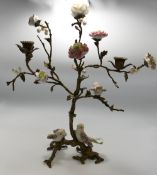 Porcelain & Bronze Floral Birds On 2 Branch Candelabra: height at tallest 40cm