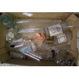 A collection of Vintage glass measuring cylinders, Laboratory bottles, Medicine bottles, false teeth
