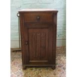 Early 20th Century oak linen fold single bedside cabinet: height 68cm x 40cm wide x 39cm deep