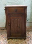 Early 20th Century oak linen fold single bedside cabinet: height 68cm x 40cm wide x 39cm deep