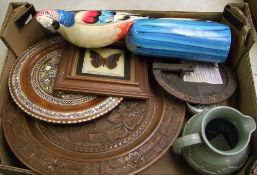 A mixed collection of items to include large carved wooden plaque, Oriental carved figure of parrot,