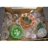 A mixed collection of items to include: glass items, dishes, flutes, carnival bowl etc