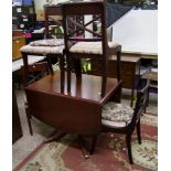 Reproduction regency style dining table and four chairs: drop leaf pedestal table and 4 chairs in