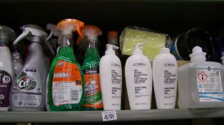 A large quantity of cleaning products: to include Mr Muscle, disinfectants, sanitising gel, bin bags