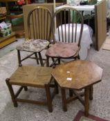 Two spindle back farmhouse chairs: with octagonal table and a string top stool