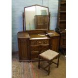 Early 20th Century oak linen fold dressing table : with vanity mirror and stool. Height 160cm x