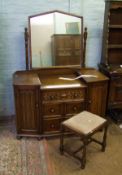 Early 20th Century oak linen fold dressing table : with vanity mirror and stool. Height 160cm x