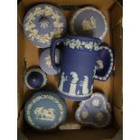 Wedgwood blue jasperware items: jug, lidded boxes etc (9)