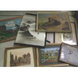 A collection of framed prints and oil painting: of castles and landscape scenes (1 tray).