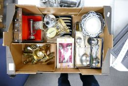 A mixed collection of brass & silver plated items to include: mantle clock, cutlery, ornaments,